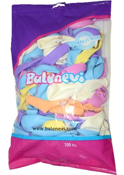 Balonevi TUN9974 Balonevi, Kalpli Unicorn, 12'' Baskılı Makaron Balon 100'LÜ Paket