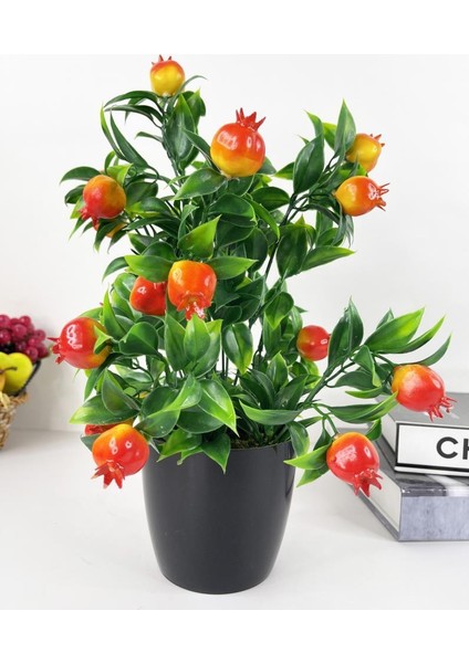 Yapay Çiçek Nar Ağacı Siyah Saksıda Nar 30 cm
