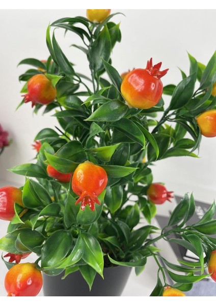 Yapay Çiçek Nar Ağacı Siyah Saksıda Nar 30 cm