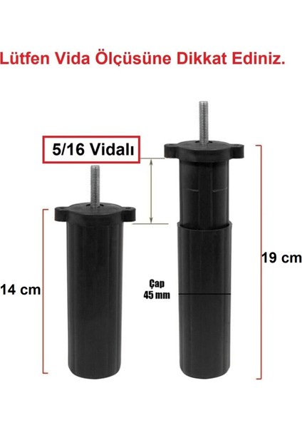 (Vida Ölçüsüne Dikkat) - Orta Plastik Mobilya Koltuk Kanepe Ayağı 6 Adet Siyah 14 - 19 cm 5/16 Vida