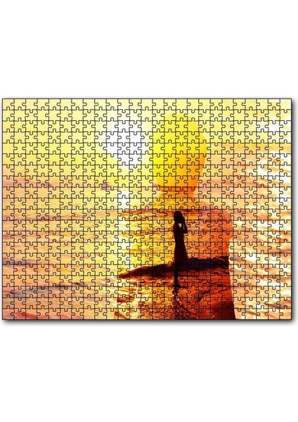 Cakapuzzle Altın Rengi Güneş Okyanus ve Sahildeki Kız 1000 Parça Puzzle Yapboz Mdf(Ahşap)