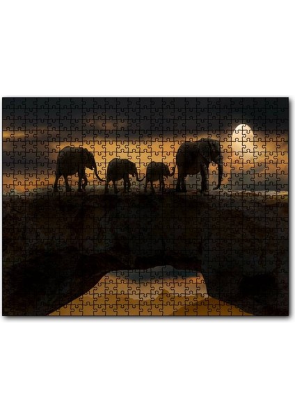 Cakapuzzle Fil Ailesi Dolunay ve Bulutlar 120 Parça Puzzle Yapboz Mdf (Ahşap)