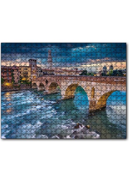 Cakapuzzle Italya Verona Ponte Pietra Köprüsü ve Mor Gökler 1000 Parça Puzzle Yapboz Mdf(Ahşap)
