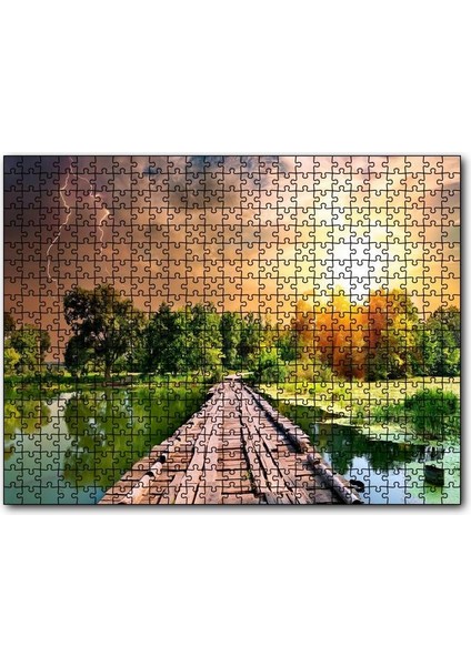 Cakapuzzle Tahta Köprü Göl Ağaçlar Bulutlu Güneş Görseli 255 Parça Puzzle Yapboz Mdf (Ahşap)