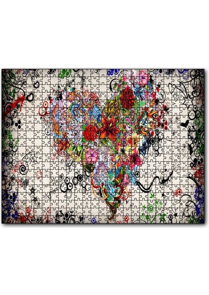 Cakapuzzle Desenler ve Çiçeklerden Kalp Figürü Görseli 120 Parça Puzzle Yapboz Mdf (Ahşap)
