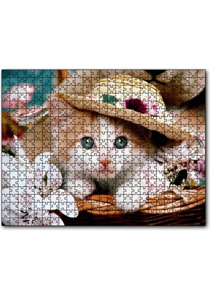 Cakapuzzle Sepette Şapkalı Yavru Kedi ve Çiçekler 120 Parça Puzzle Yapboz Mdf (Ahşap)