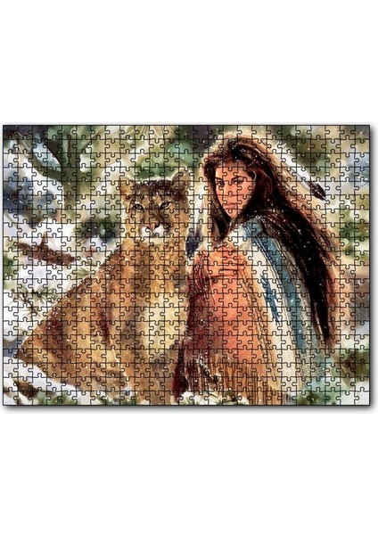 Cakapuzzle Kızılderili Kız ve Dağ Kedisi Görseli 1000 Parça Puzzle Yapboz Mdf(Ahşap)