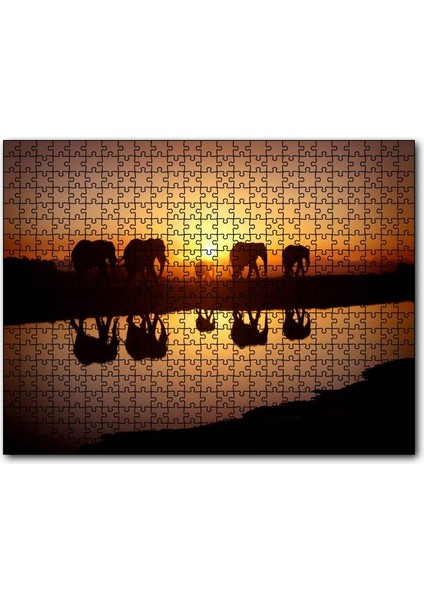 Cakapuzzle Günbatımında Nehir Kenarındaki Fil Ailesi 1000 Parça Puzzle Yapboz Mdf(Ahşap)