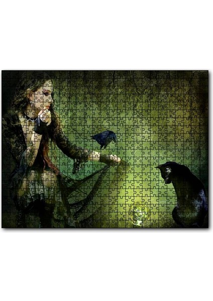 Cakapuzzle Gotik Kız Kara Kedi Karga ve Cam Küre 255 Parça Puzzle Yapboz Mdf (Ahşap)