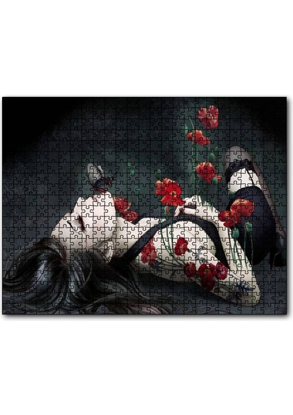 Cakapuzzle Kırmızı Güller Genç Kadın ve Siyah Kelebek 255 Parça Puzzle Yapboz Mdf (Ahşap)