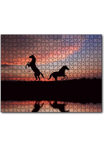 Cakapuzzle Günbatımında Kızıl Gökler ve Bir Çift At 120 Parça Puzzle Yapboz Mdf (Ahşap)