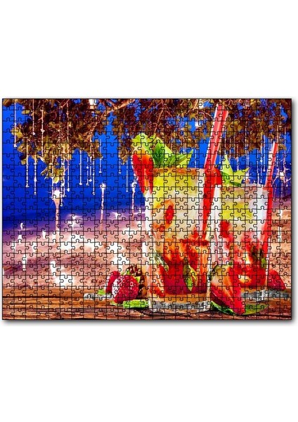 Cakapuzzle Sahilde Masa ve Üzerinde Çilekli Kokteyller 255 Parça Puzzle Yapboz Mdf (Ahşap)