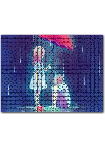 Cakapuzzle Yağmurda Kırmızı Şemsiyeli Küçük Kız ve Erkek Çizim 120 Parça Puzzle Yapboz Mdf (Ahşap)
