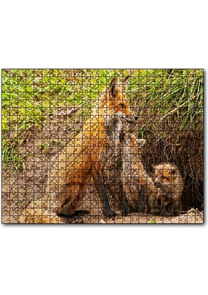 Cakapuzzle Yuvanın Girişinde Anne Tilki ve Yavruları 255 Parça Puzzle Yapboz Mdf (Ahşap)