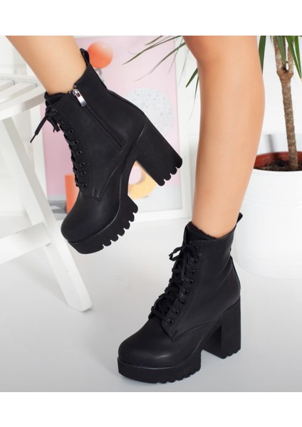 Siyah Cilt Deri Yüksek Kalın Topuklu Kadın Bot modelleri