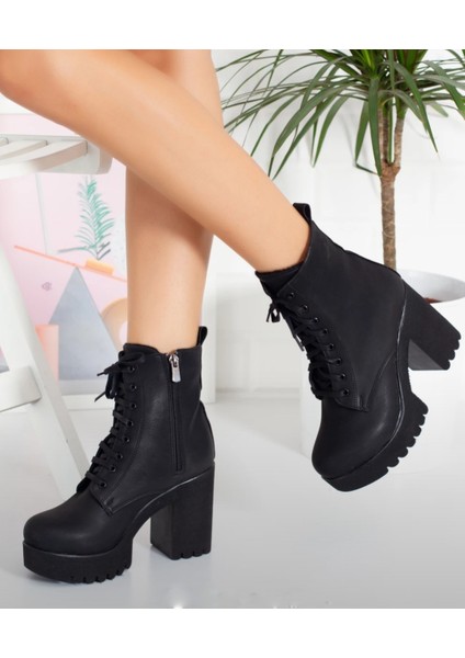 Siyah Cilt Deri Yüksek Kalın Topuklu Kadın Bot fırsatları