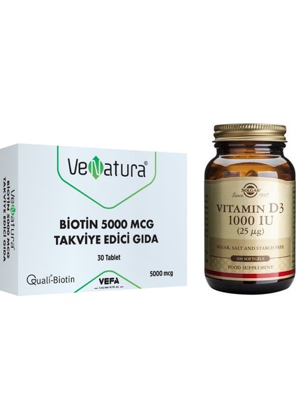 Biotin 5000 Mcg Takviye Edici Gıda 30 Tablet + Vitamin D3 1000 Iu 100 Kapsül