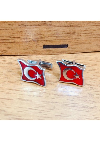 Gümüş Ay Yıldız Bayrak Kol Düğmesi