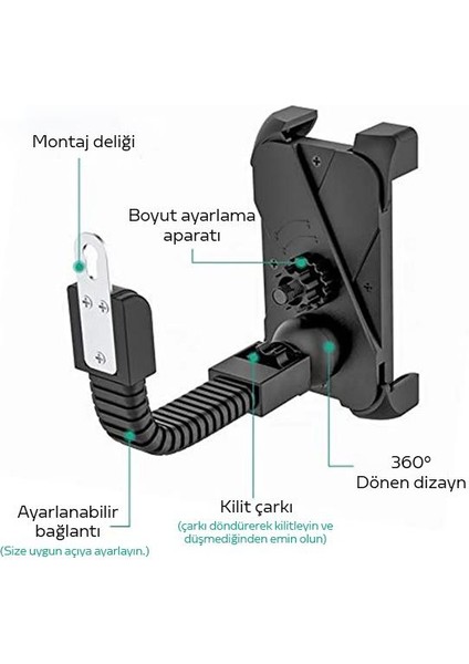 Motosiklet Bisiklet Scooter Için Aynaya Takılan Telefon Tutucu Kilit Özellikli Tutucu