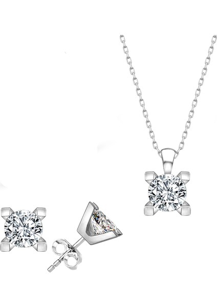 Swarovski Taşlı Tektaş Küpe Kolye Ikili Kadın Set