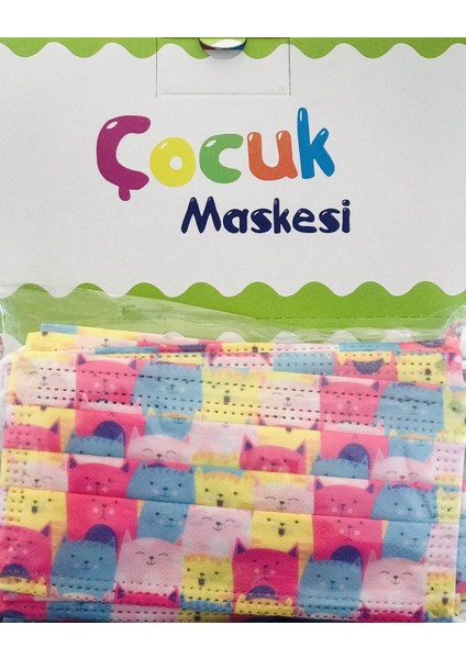 50 Adet Tek Kullanımlık 3 Katlı Meltblown Renkli Kedi Desenli Çocuk Maskesi