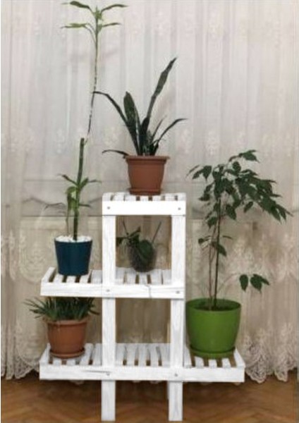 Saksı Çiçeklik Saksılık Ahşap Çok Katlı Dekoratif Saksı Standı Beyaz