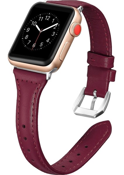 Apple Watch Uyumlu 42-44MM KRD13 Deri Kordon Bordo