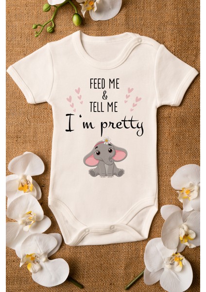 Kız Ekru Bebek I'm Pretty Baskılı Çıtçıtlı Body 5009