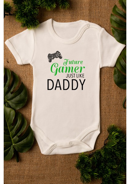 Erkek Ekru Bebek Gamer Daddy Baskılı Çıtçıtlı Body 5010