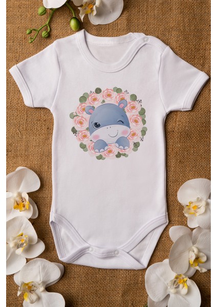 Kız Beyaz Bebek Hipopotam Organik Baskılı Çıtçıtlı Body 5024