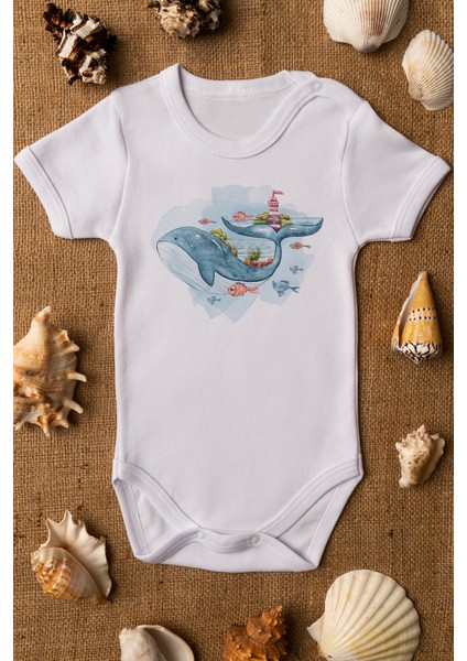 Beyaz Bebek Balina Baskılı Çıtçıtlı Body 5025