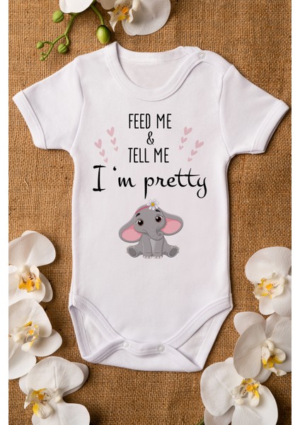 Kız Beyaz Bebek I'm Pretty Baskılı Çıtçıtlı Body 5009
