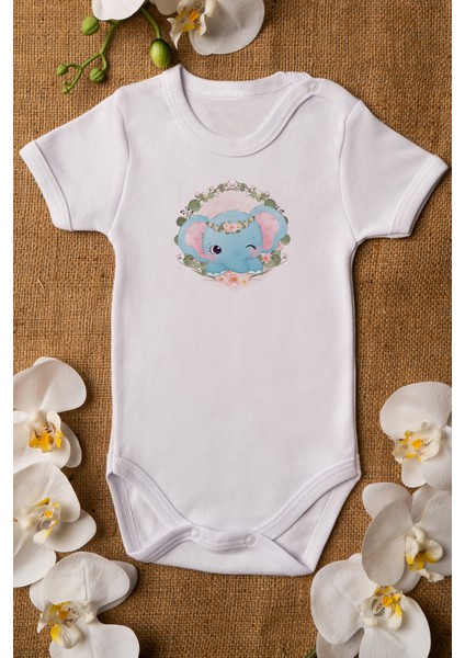 Kız Bebek Fil Baskılı Beyaz Çıtçıtlı Body 5033