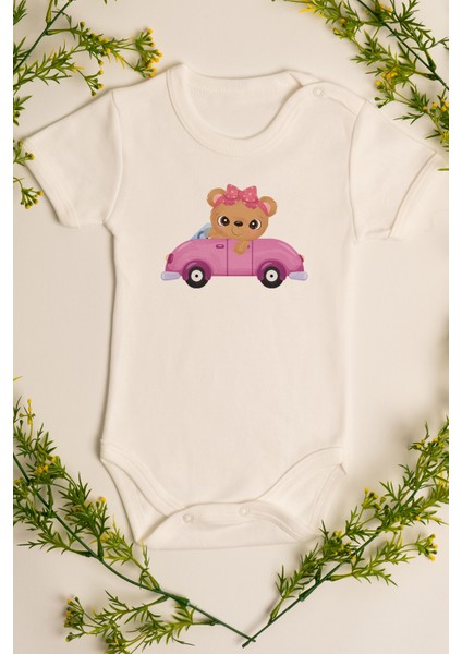 Kız Bebek Arabalı Baby Ayıcık Baskılı Ekru Çıtçıtlı Body 5040