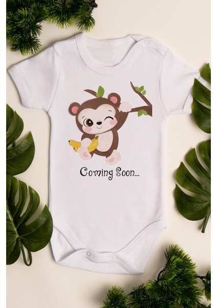 Beyaz Bebek Maymun Baskılı Çıtçıtlı Body 5019