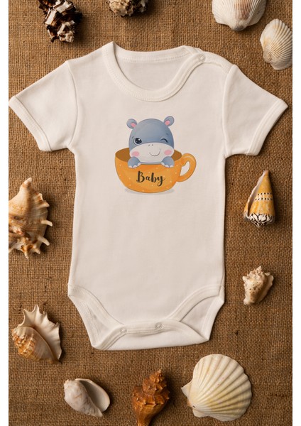 Bebek Baby Hipopotam Baskılı Ekru Çıtçıtlı Body 5035