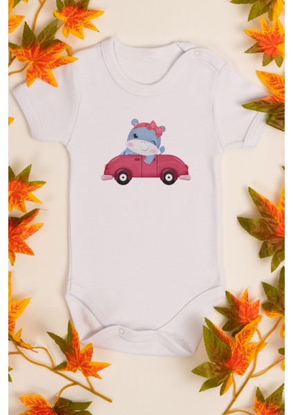 Kız Bebek Arabalı Hipopotam Baskılı Beyaz Çıtçıtlı Body 5042