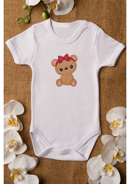 Kız Bebek Baby Ayıcık Baskılı Beyaz Çıtçıtlı Body 5044