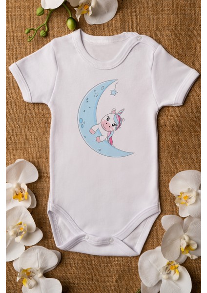 Bebek Unicorn Baskılı Beyaz Çıtçıtlı Body 5032