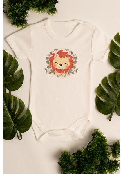 Kız Bebek Aslan Baskılı Ekru Çıtçıtlı Body 5039