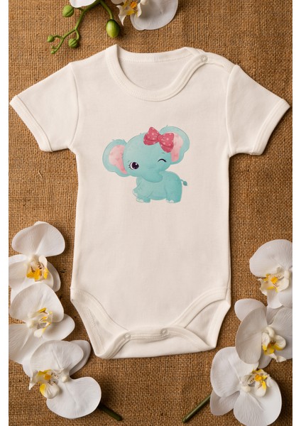 Kız Bebek Fil Baskılı Ekru Çıtçıtlı Body 5045