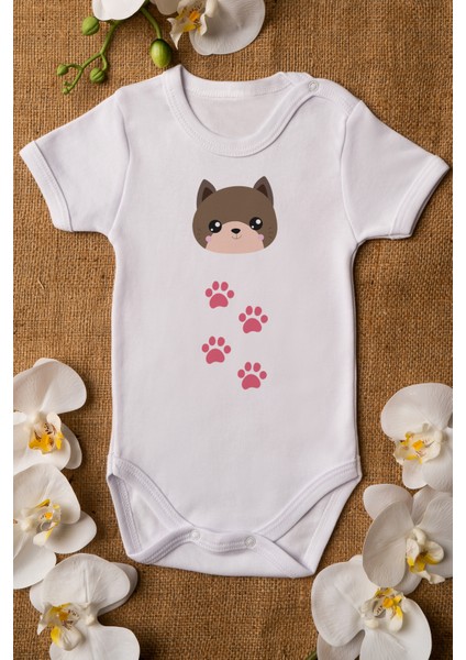 Kız Bebek Sevimli Kedi ve Pati Baskılı Beyaz Çıtçıtlı Body Zıbın 5052