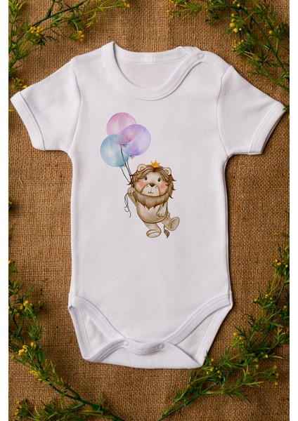 Bebek Balon Aslan Baskılı Beyaz Çıtçıtlı Body 5029