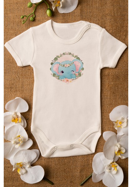 Kız Bebek Fil Baskılı Ekru Çıtçıtlı Body 5033