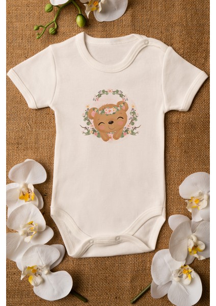 Kız Bebek Baby Ayı Baskılı Ekru Çıtçıtlı Body 5038