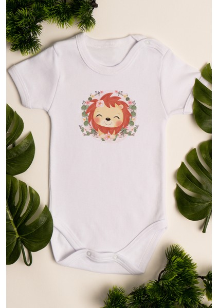 Kız Bebek Aslan Baskılı Beyaz Çıtçıtlı Body 5039