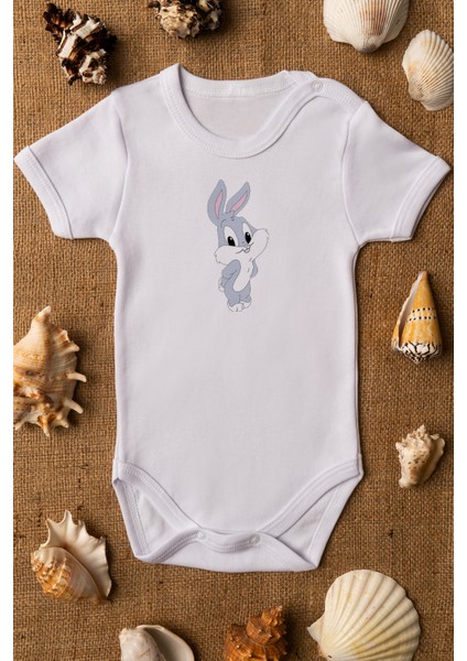 Bebek Bugs Bunny Organik Baskılı Pamuklu Beyaz Çıtçıtlı Body Zıbın 5079