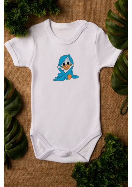 Bebek Daffy Duck Organik Baskılı Pamuklu Beyaz Çıtçıtlı Body Zıbın 5080