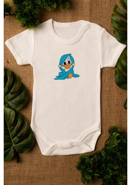 Bebek Daffy Duck Organik Baskılı Pamuklu Ekru Çıtçıtlı Body Zıbın 5080