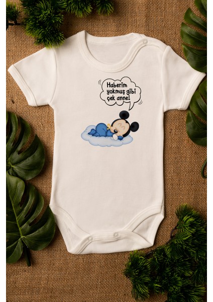 Mickey Mouse Haberim Yokmuş Gibi Çek Organik Baskılı Pamuklu Ekru Çıtçıtlı Body Zıbın 5073